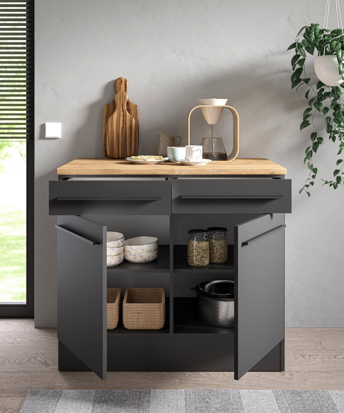 SCHUBKASTENUNTERSCHRANK 100/90/60 cm  in Schwarz  - Eichefarben/Schwarz, Basics, Holzwerkstoff/Kunststoff (100/90/60cm) - P & B
