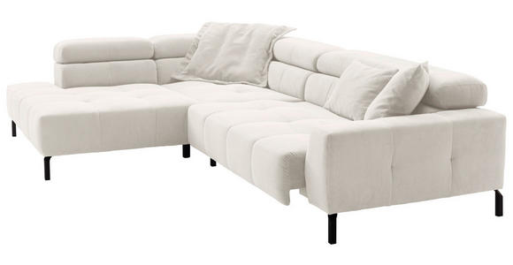 ECKSOFA Weiß Feincord Rücken echt, Kopfteilverstellung, Sitzvorzug  - Schwarz/Weiß, KONVENTIONELL, Textil/Metall (219/311cm) - Hom`in