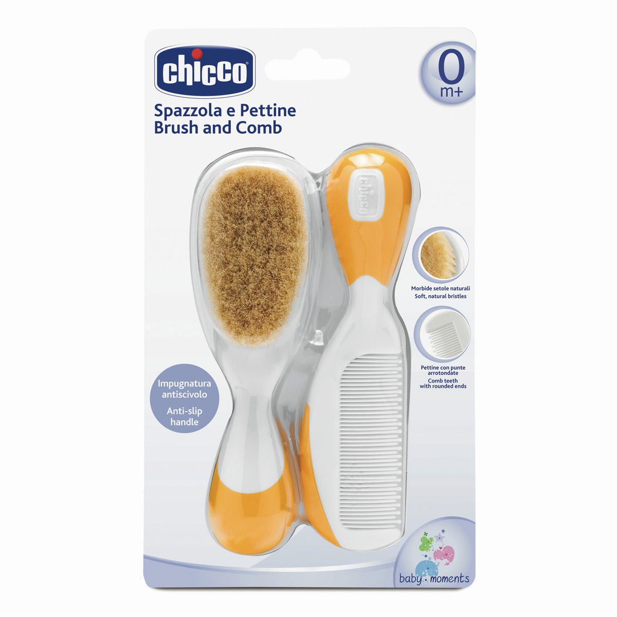 ČEŠALJ I ČETKA ZA BEBE   - narančasta, Basics, plastika/prirodni materijali (5/14cm) - Chicco