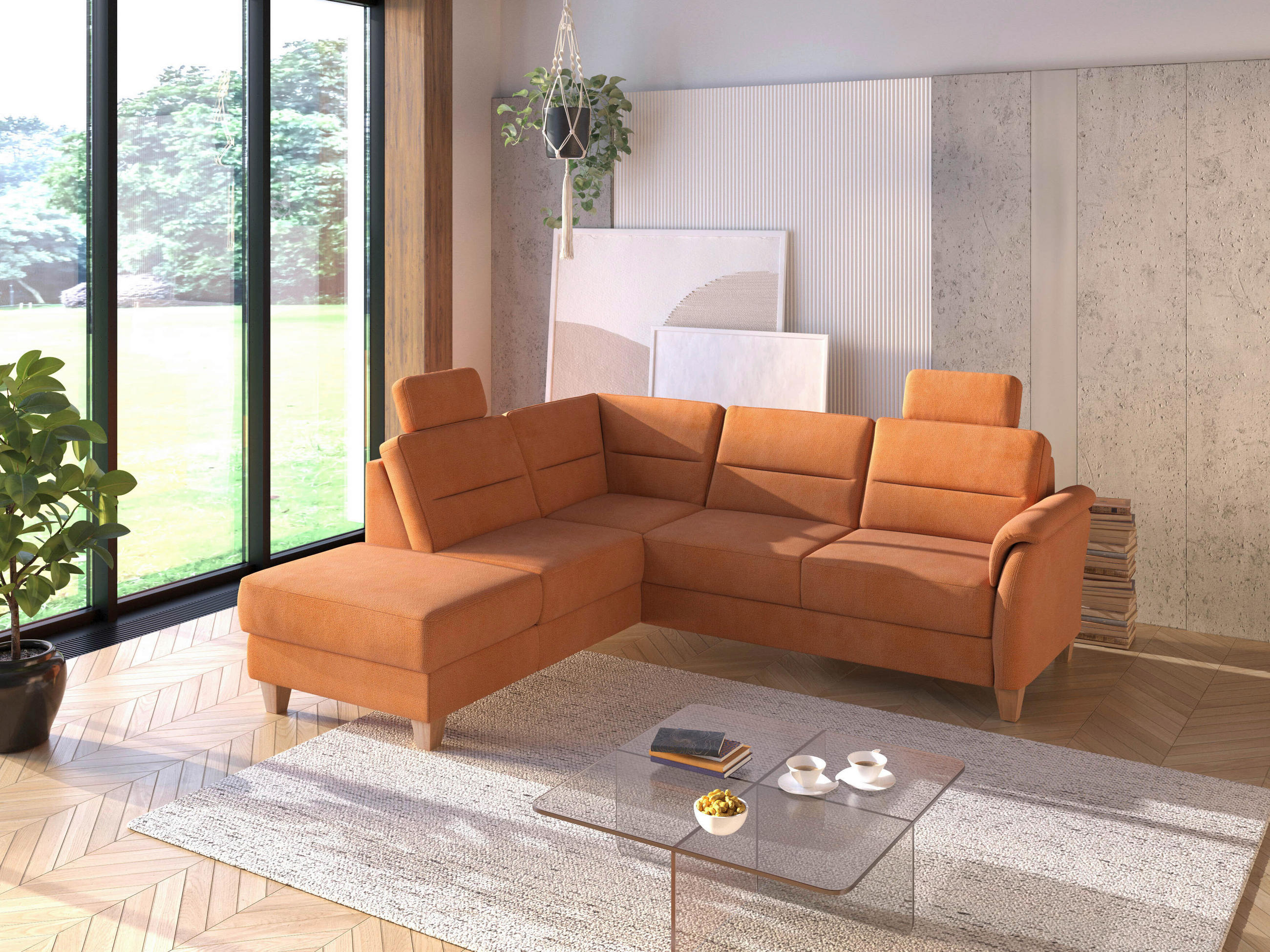 ECKSOFA PALMERA V Terracotta Flachgewebe Kopfstütze, Liegefläche im Originalstoff  - Eichefarben/Terracotta, KONVENTIONELL, Holz/Textil (212/236cm) - Sit & More