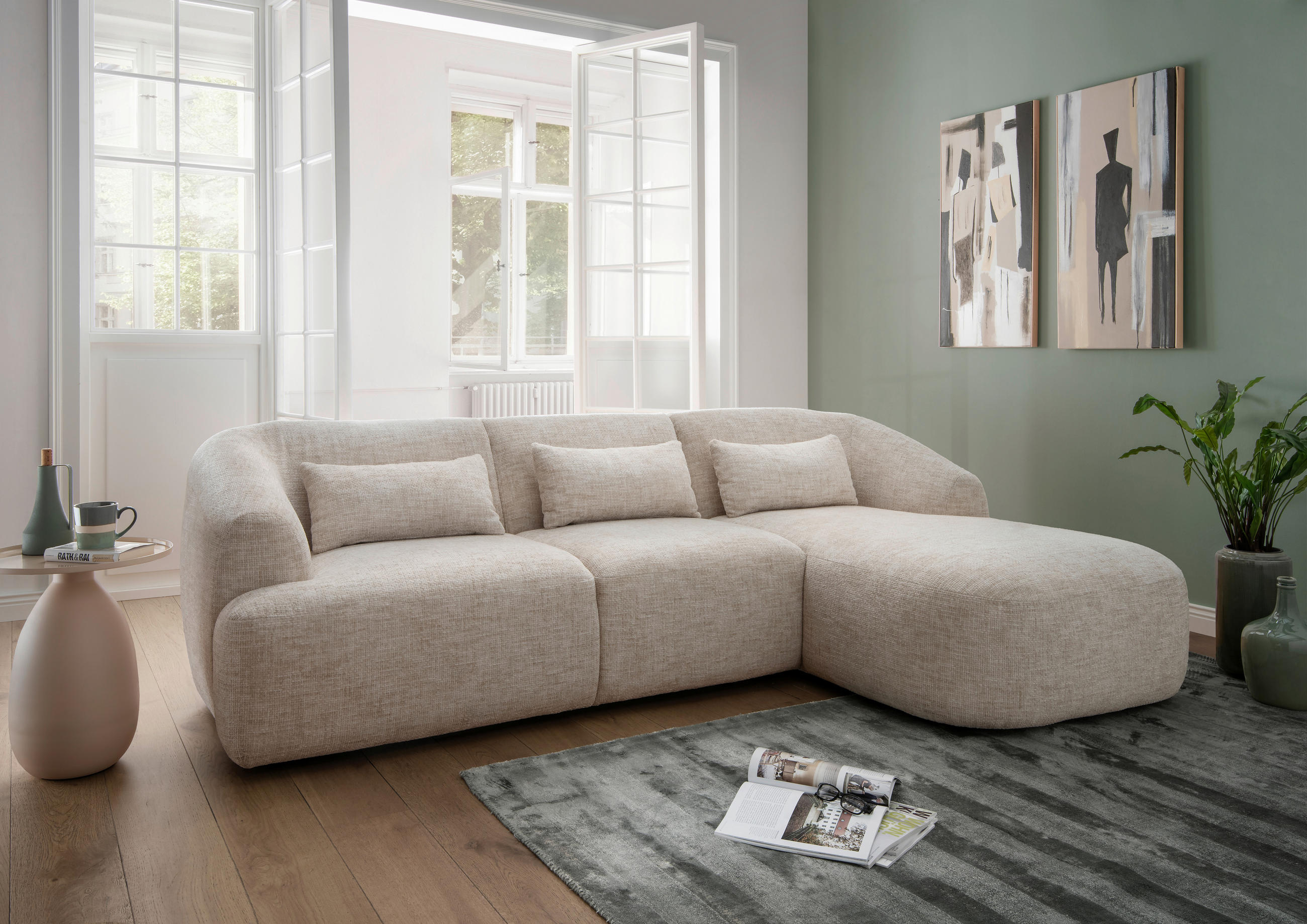 ECKSOFA in Struktur Creme  - Creme/Schwarz, Modern, Kunststoff/Textil (256/160cm) - Livetastic