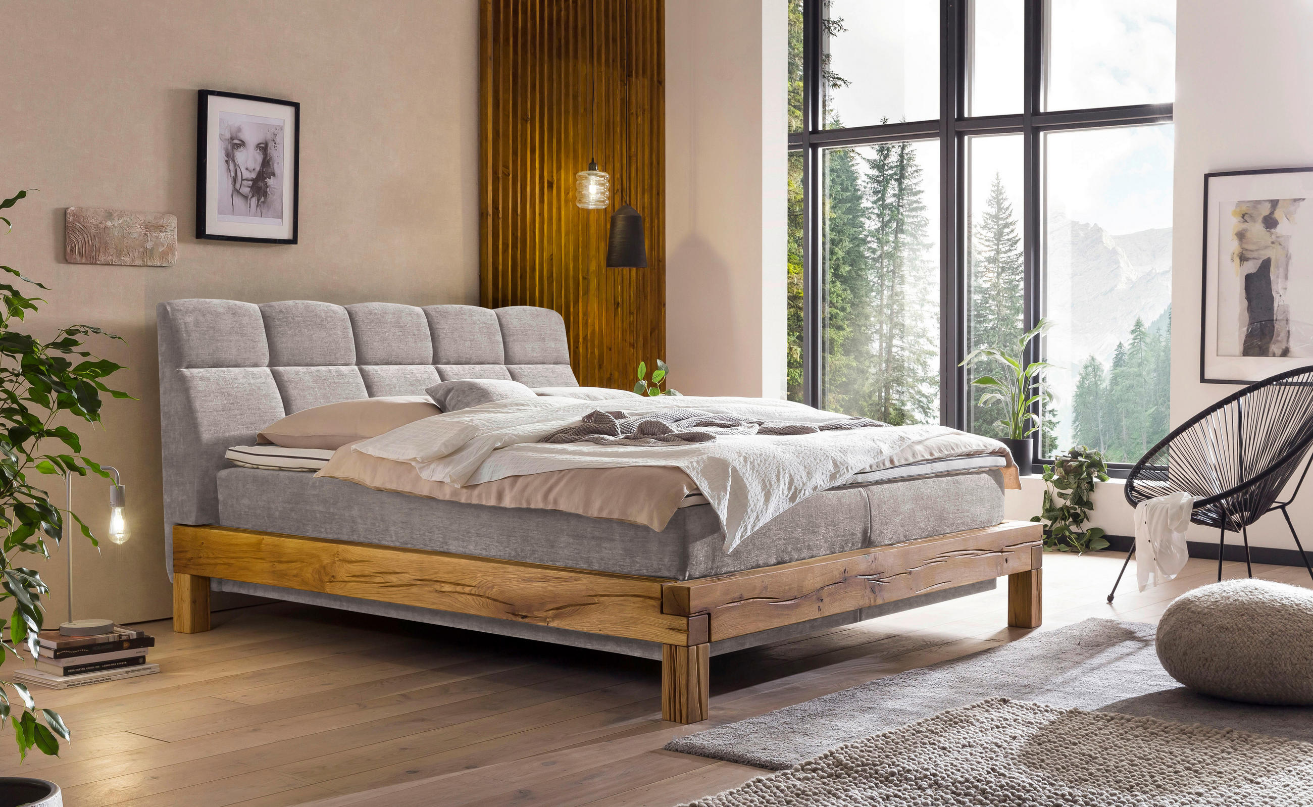 BOXSPRING-ÁGY 160/200 cm  bézs  - bézs/bükk, Natur, textil/fa (160/200cm) - Livetastic