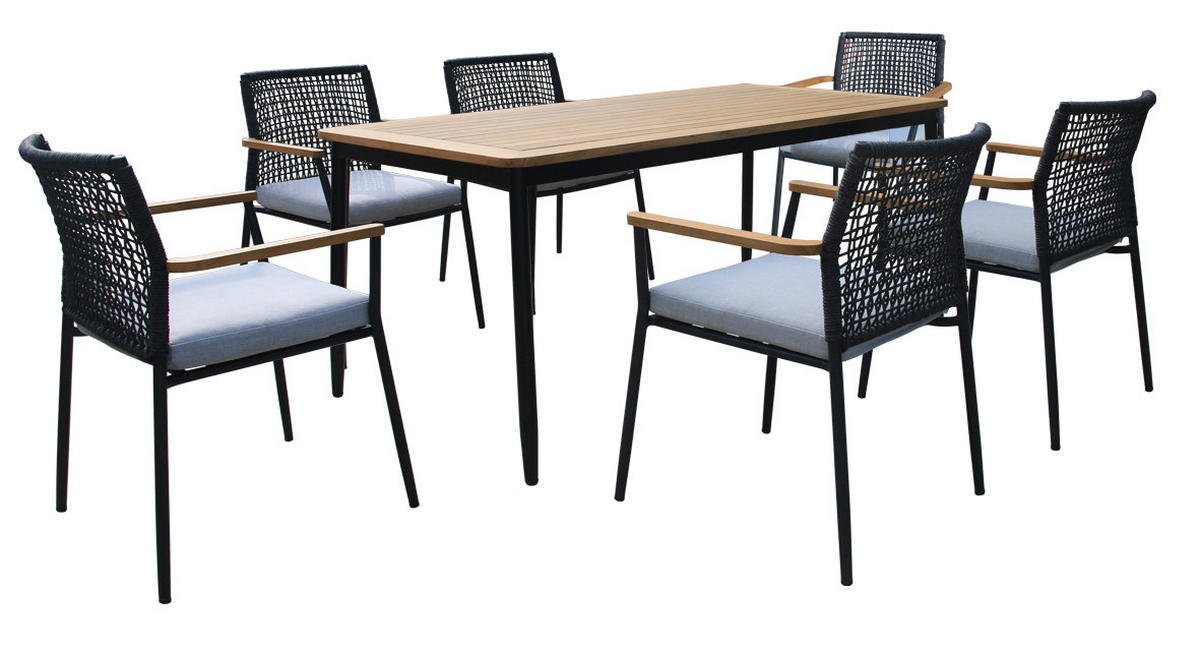 DINING-LOUNGESET Teakholz Aluminium  - Creme/Schwarz, MODERN, Holz/Kunststoff - Ambia Garden