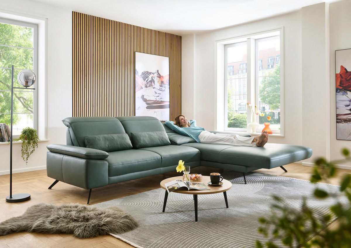 ECKSOFA Opal Echtleder  - Opal/Schwarz, Design, Leder/Metall (332/193cm) - Dieter Knoll