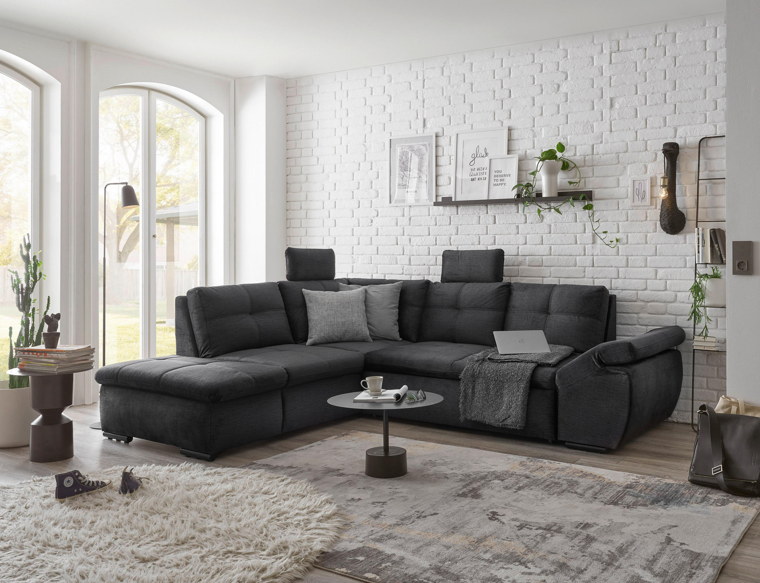 ECKSOFA in Mikrovelours Schwarz  - Schwarz, Konventionell, Kunststoff/Textil (217/265cm) - Carryhome