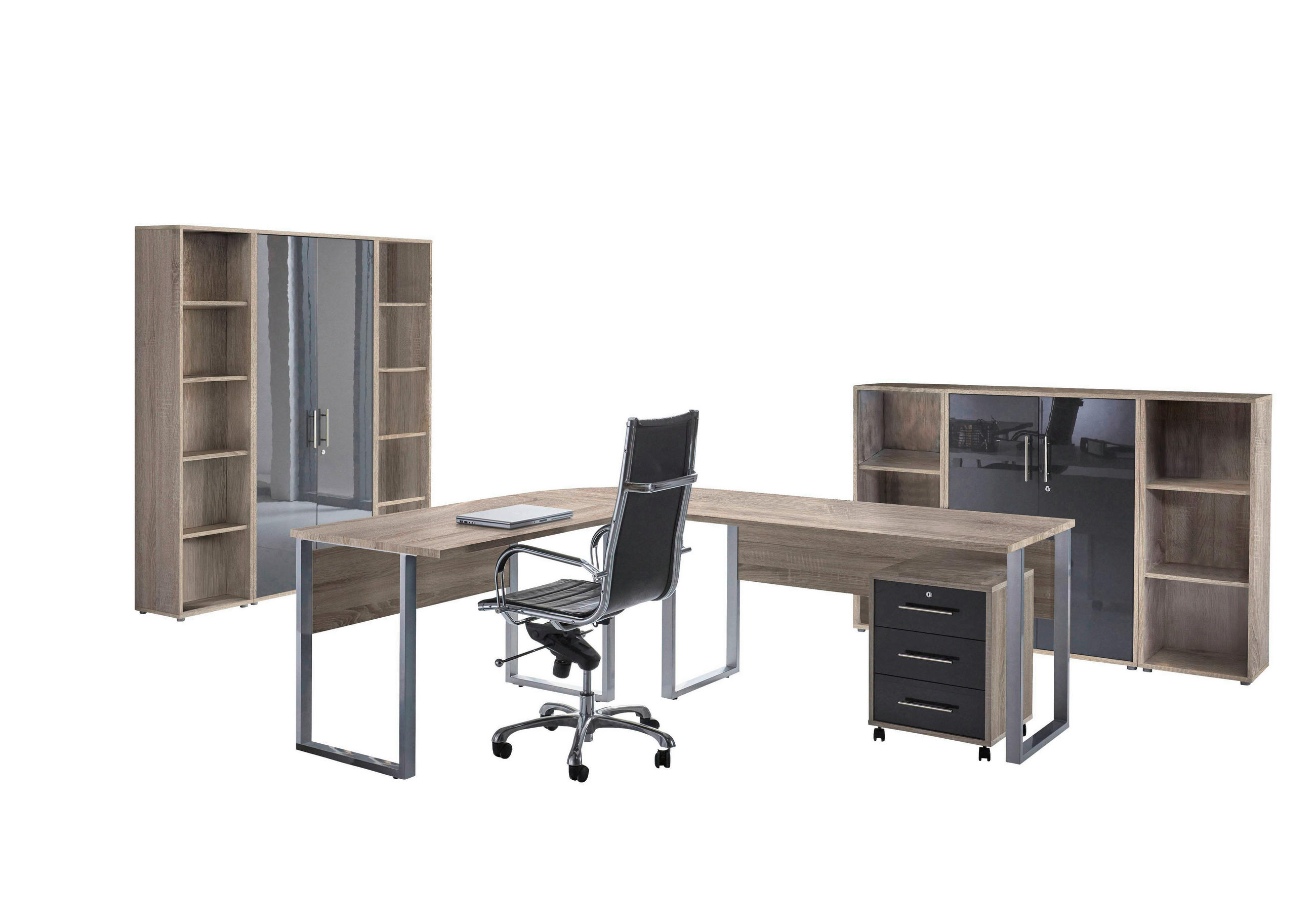 BÜRO erweiterbar, in verschiedenen Holz-Dekoren erhältlich, Schreibtisch seitenverkehrt montierbar, abschließbar Sonoma Eiche, Anthrazit Hochglanz - Anthrazit Hochglanz/Sonoma Eiche, MODERN, Holzwerkstoff - MID.YOU