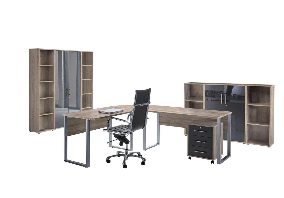 BÜRO erweiterbar, in verschiedenen Holz-Dekoren erhältlich, Schreibtisch seitenverkehrt montierbar, abschließbar Sonoma Eiche, Anthrazit Hochglanz - Anthrazit Hochglanz/Sonoma Eiche, MODERN, Holzwerkstoff - MID.YOU