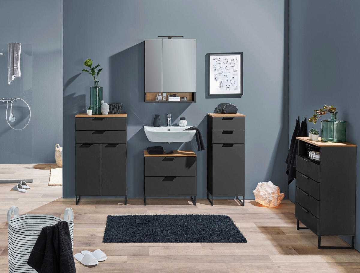 MIDISCHRANK 38/106/32 cm  - Eichefarben/Schwarz, KONVENTIONELL, Holzwerkstoff/Metall (38/106/32cm) - home24