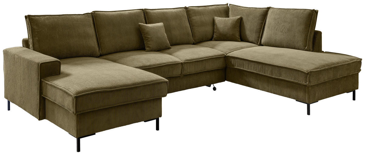 WOHNLANDSCHAFT Olivgrün Cord  - Schwarz/Olivgrün, MODERN, Textil/Metall (150/309/198cm) - MID.YOU