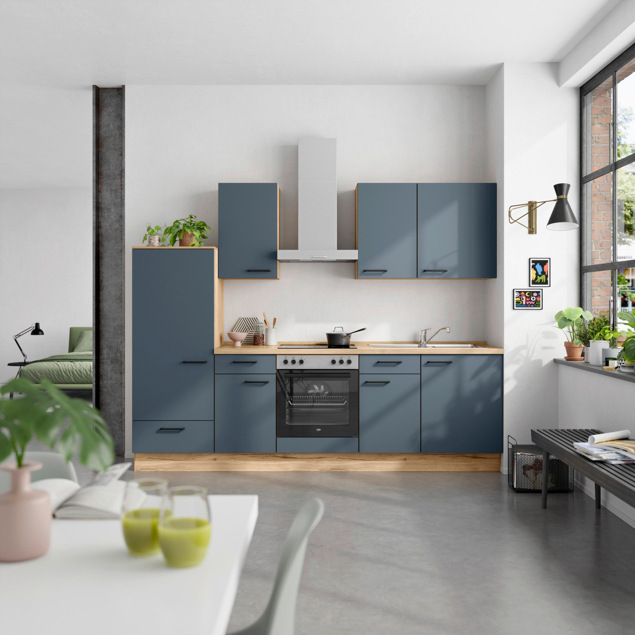 KÜCHENBLOCK 270 cm   in Eichefarben, Dunkelblau  - Eichefarben/Schwarz, MODERN, Holzwerkstoff/Metall (270cm) - Nobilia