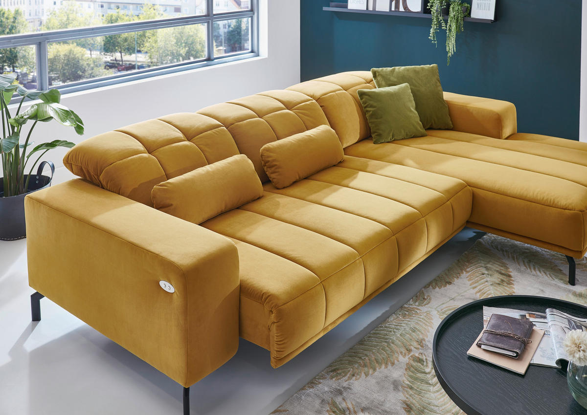 ECKSOFA in Velours Currygelb  - Currygelb/Schwarz, Design, Textil/Metall (195/293cm) - Beldomo Style