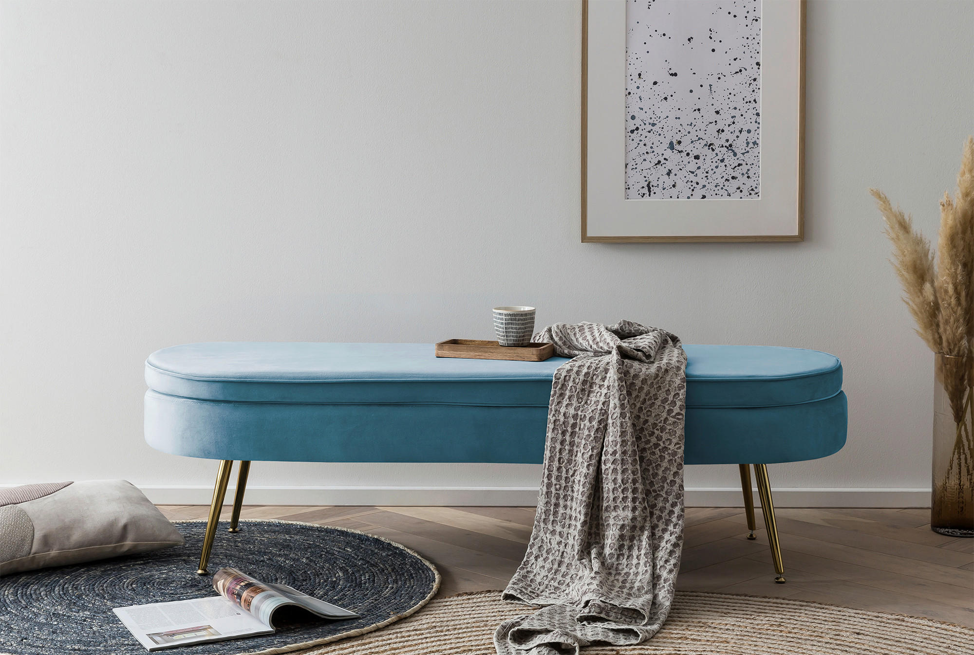 HOCKER in Textil Blau - Blau/Goldfarben, MODERN, Textil/Metall (142/41/45cm) - Livetastic
