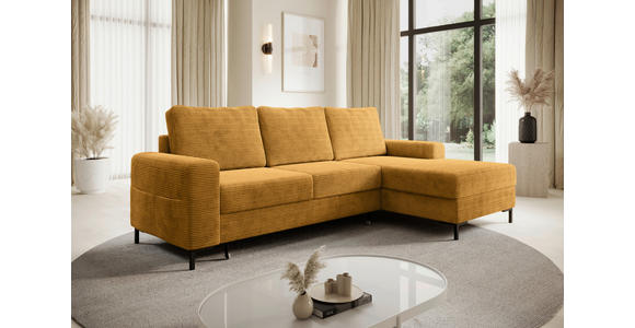 ECKSOFA Currygelb Cord Rückenkissen, Bettkasten, Schlaffunktion, Rücken echt, Liegefläche im Originalstoff  - Currygelb/Schwarz, KONVENTIONELL, Textil/Metall (240/150cm) - Carryhome
