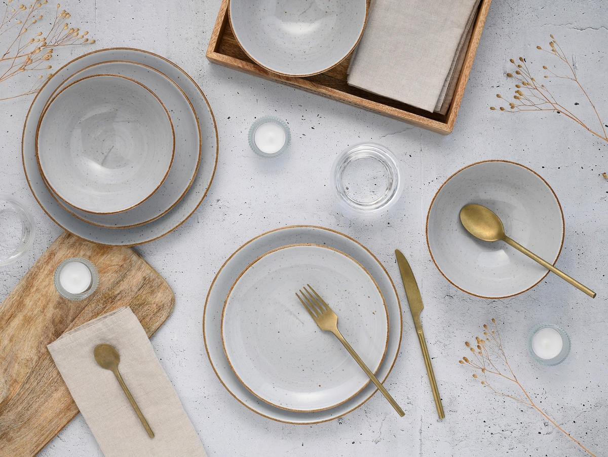 TAFELSERVICE Grau, Weiß Vintage Nature Stein 12-teilig  - Weiß/Grau, Basics, Keramik - Creatable