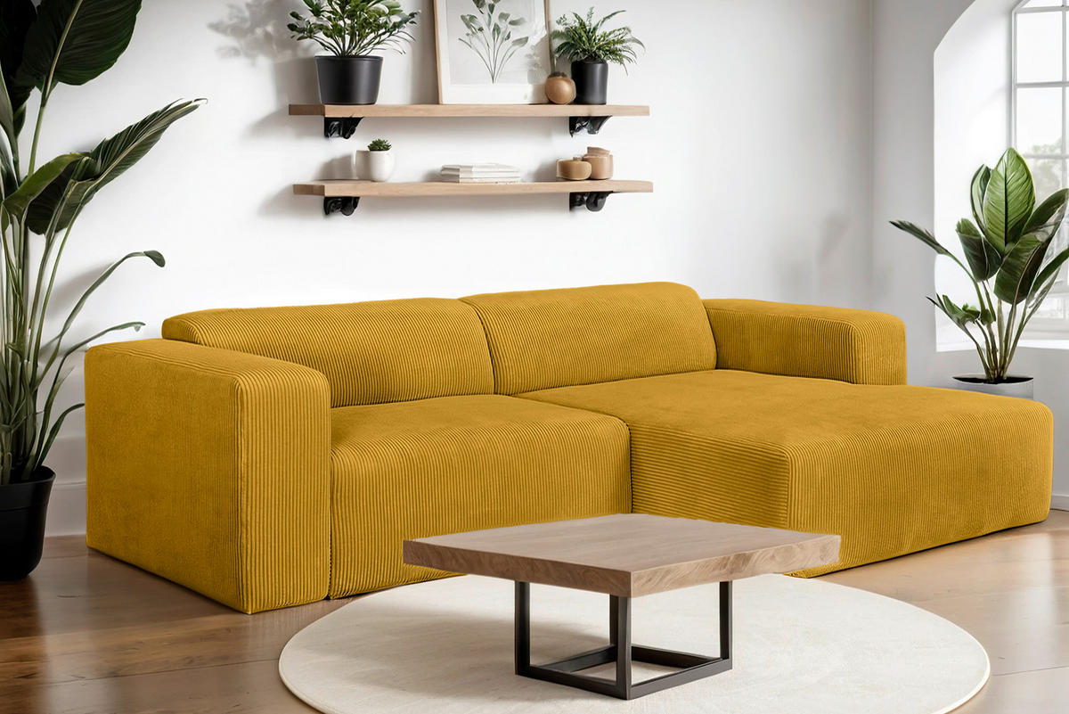 ECKSOFA BASMA in Cord Senfgelb  298/175 cm  - Senfgelb/Schwarz, Design, Kunststoff/Textil (298/175cm) - P & B