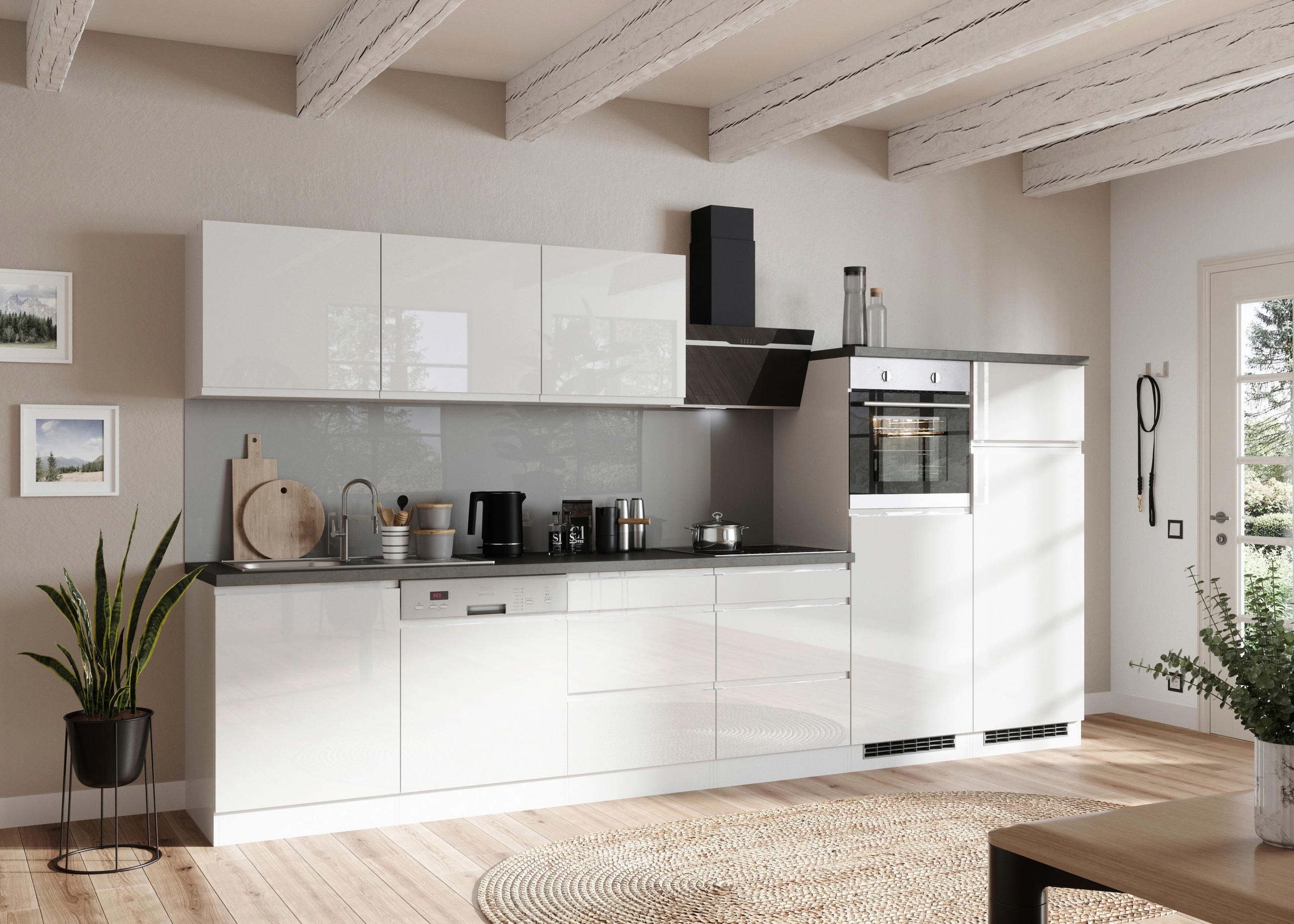 Held Küchenblock Monza Grau, Weiß, Weiß Hochglanz 360 cm
