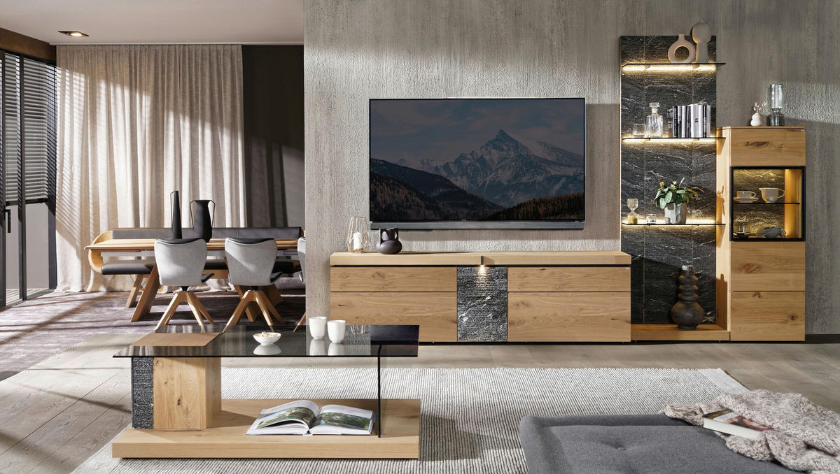 WOHNWAND 3-teilig  in Grau, Alteiche  304/202/43 cm  - Alteiche/Schwarz, Design, Glas/Holz (304/202/43cm) - Voglauer