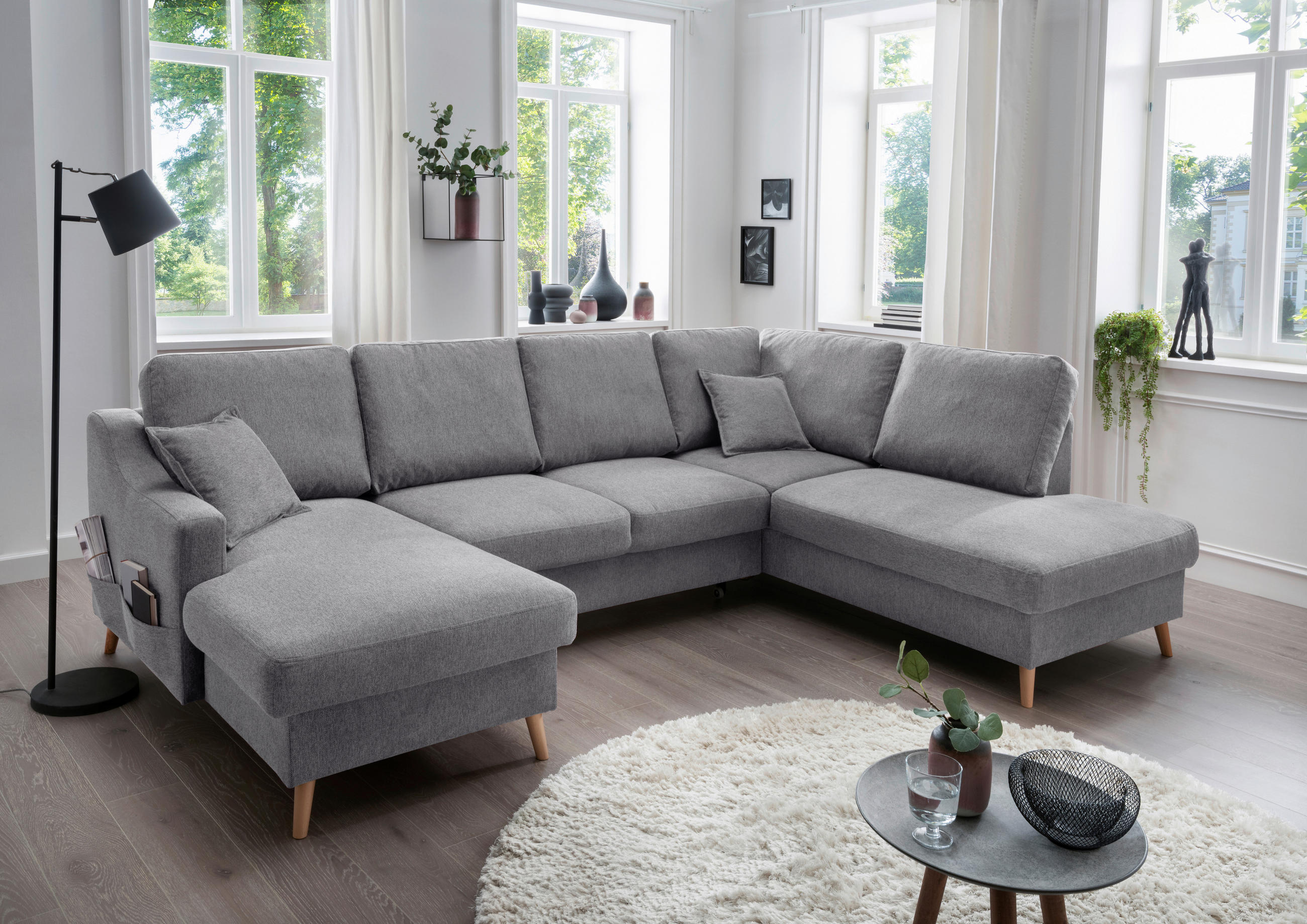 WOHNLANDSCHAFT Dunkelgrau Chenille  - Dunkelgrau/Naturfarben, KONVENTIONELL, Holz/Textil (150/301/200cm) - Livetastic