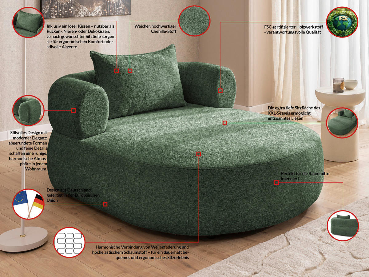 XXL-SESSEL Chenille Grün    - Schwarz/Grün, Design, Kunststoff/Textil (122/76/156cm) - Livetastic
