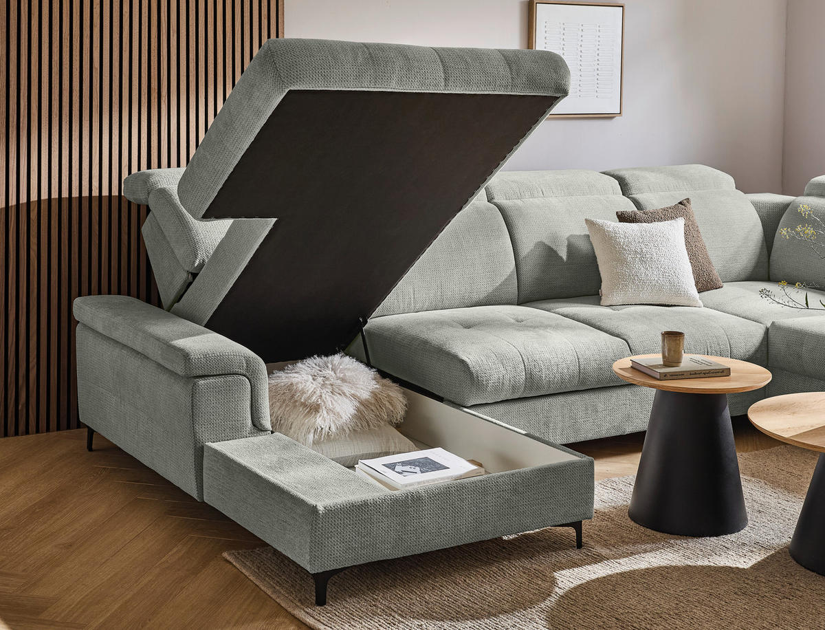 WOHNLANDSCHAFT Grau, Hellgrau Struktur  - Hellgrau/Schwarz, Design, Textil/Metall (190/364/270cm) - Stylife