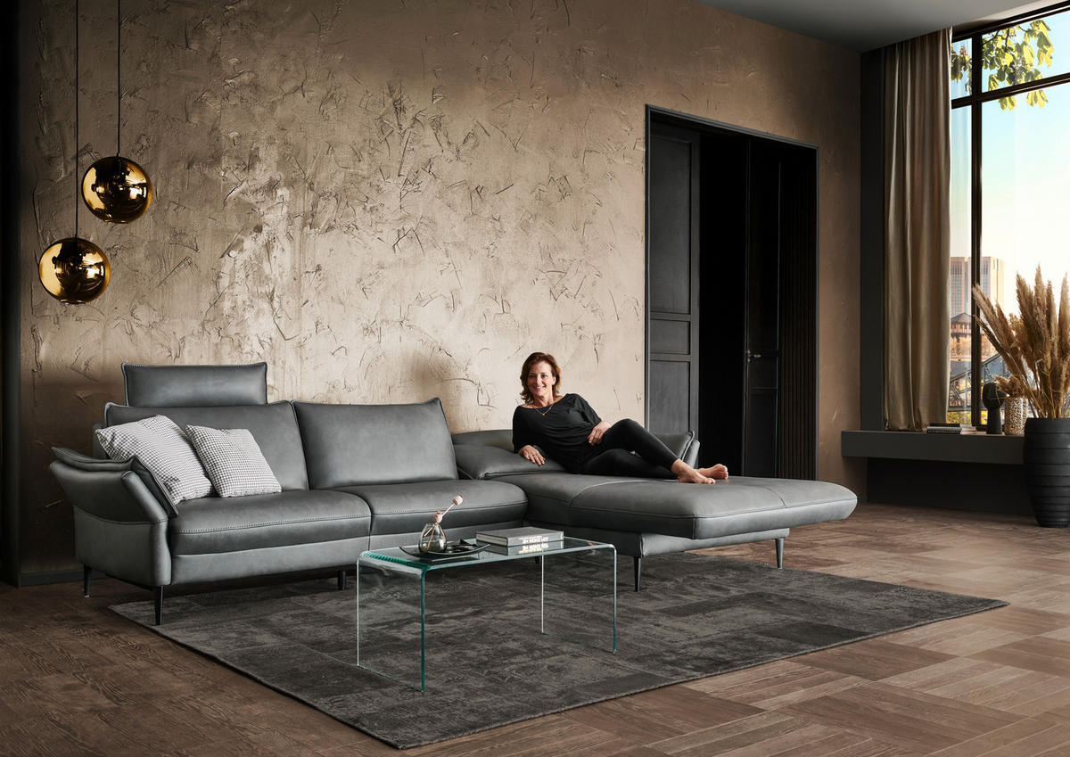 ECKSOFA in Echtleder Anthrazit  - Anthrazit/Schwarz, Design, Leder/Metall (334/172cm) - Hukla