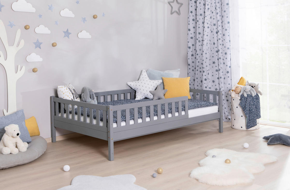 HAUSBETT 120/200 cm,  in Hellgrau, Absturzsicherung, Rollrost  - Hellgrau/Naturfarben, MODERN, Holz (120/200cm) - MID.YOU