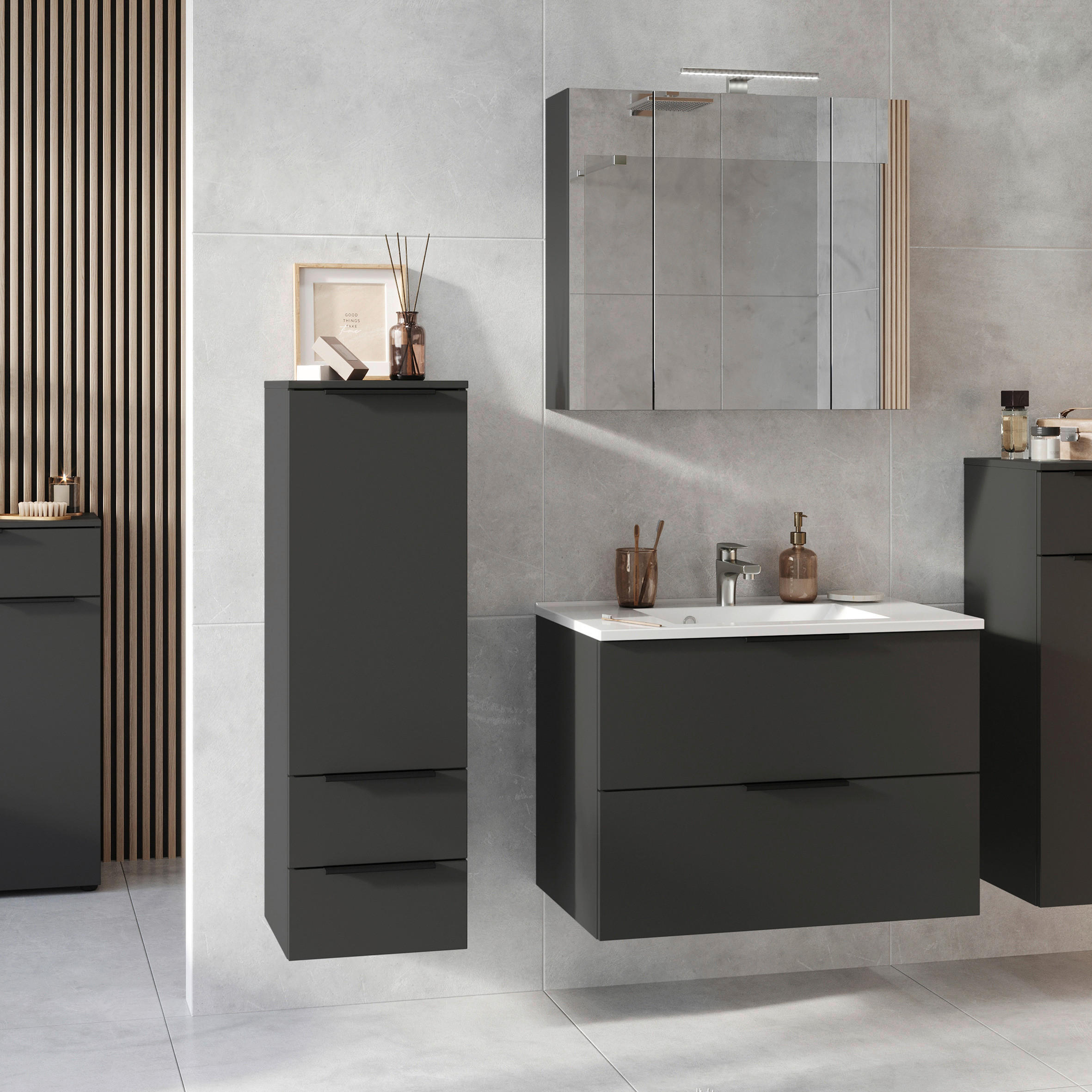 BADEZIMMER 4-teilig  in 132 cm  - Schwarz/Graphitfarben, MODERN, Holzwerkstoff/Stein (132cm) - Germania