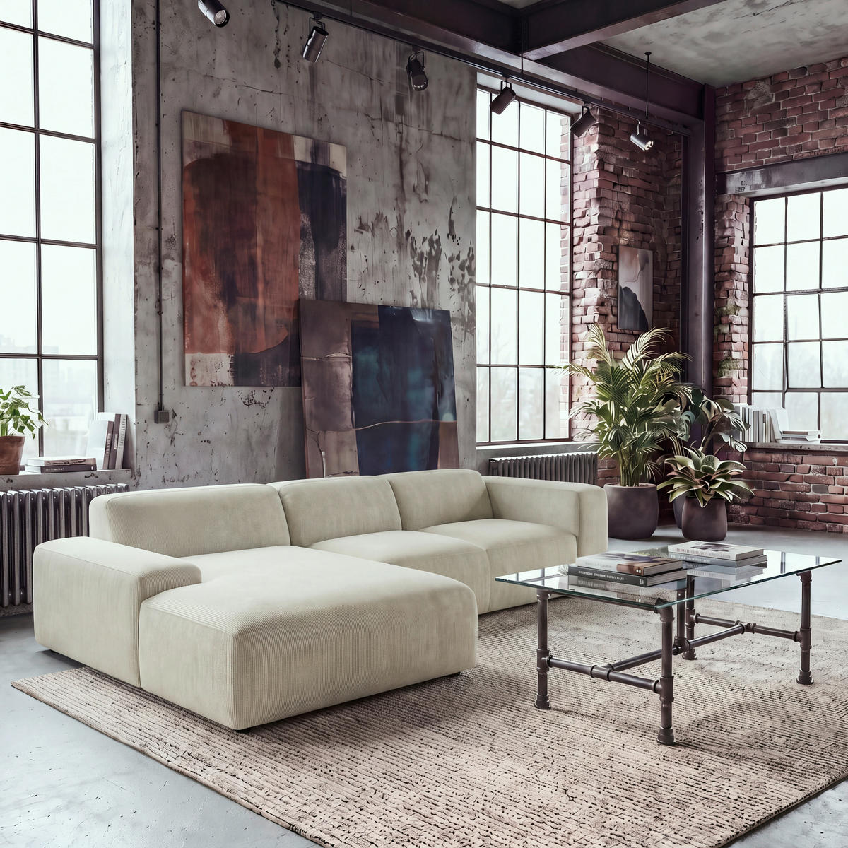 ECKSOFA HANNAH Beige Cord  - Beige/Schwarz, Design, Kunststoff/Textil (200/304cm) - MID.YOU