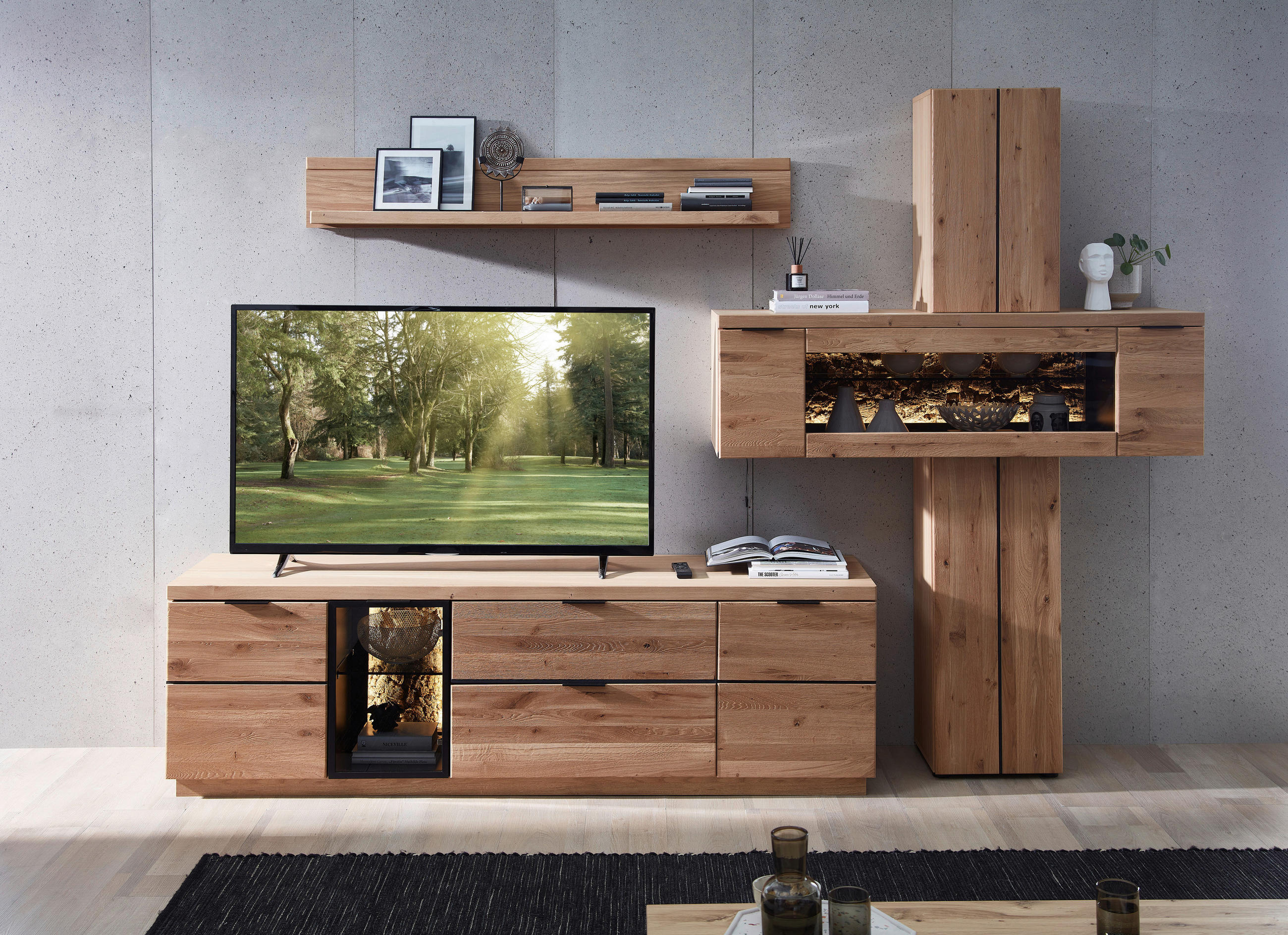 REGALELEMENT Wildeiche, Kork furniert, massiv Schwarz, Wildeiche  - Wildeiche/Schwarz, Natur, Glas/Holz (140/203/42cm) - Livetastic