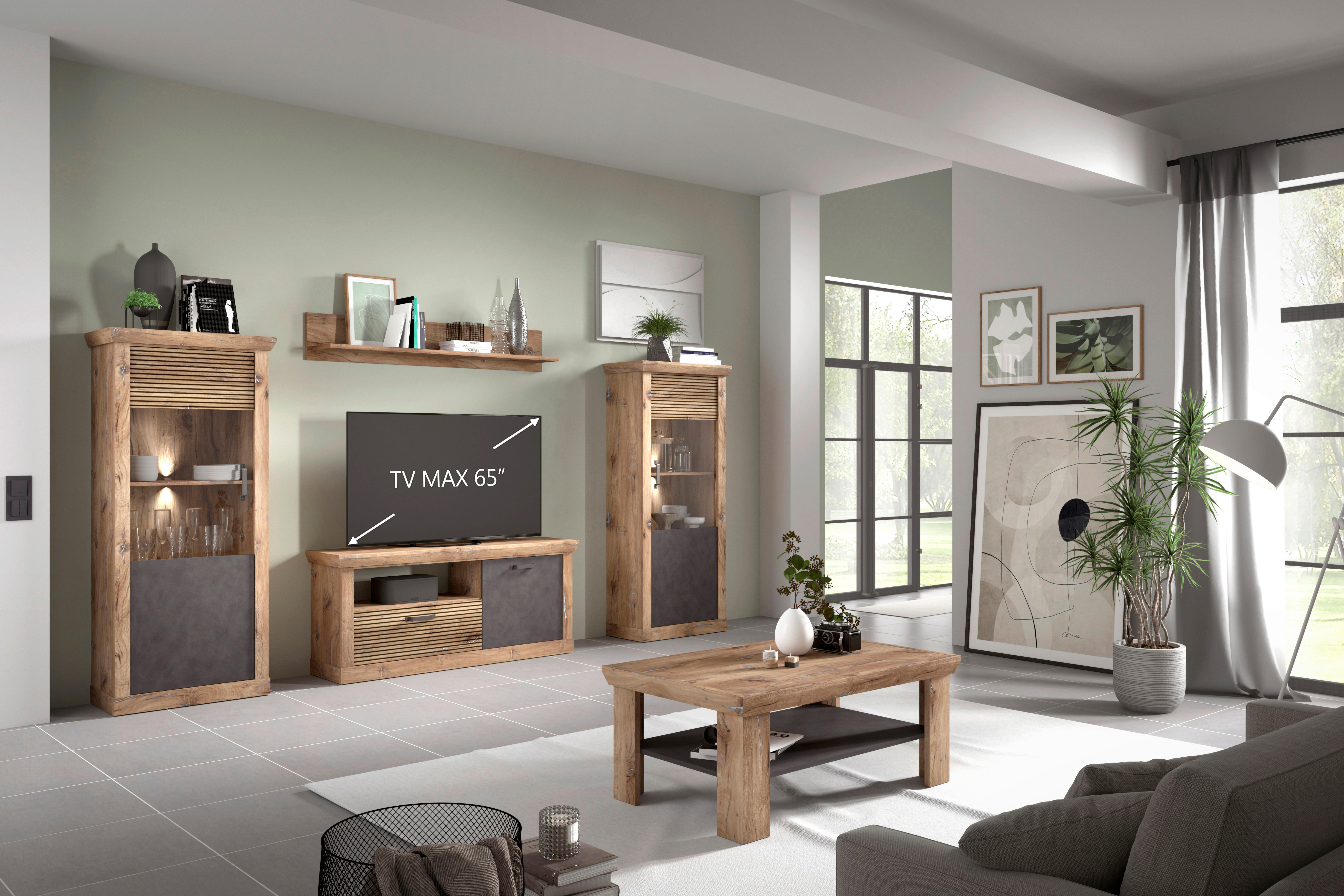 REGAL ZA DNEVNI BORAVAK antracit, boje hrasta   - boje hrasta/crna, Konvencionalno, staklo/drvni materijal (332/180/40cm) - Livetastic