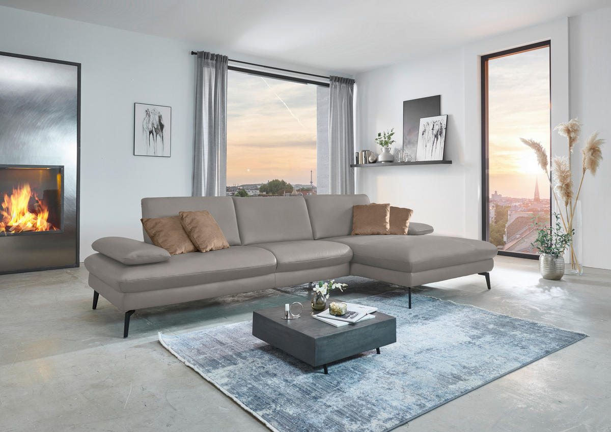 ECKSOFA in Echtleder Hellgrau  - Hellgrau/Schwarz, Design, Leder/Metall (325/157cm) - Dieter Knoll