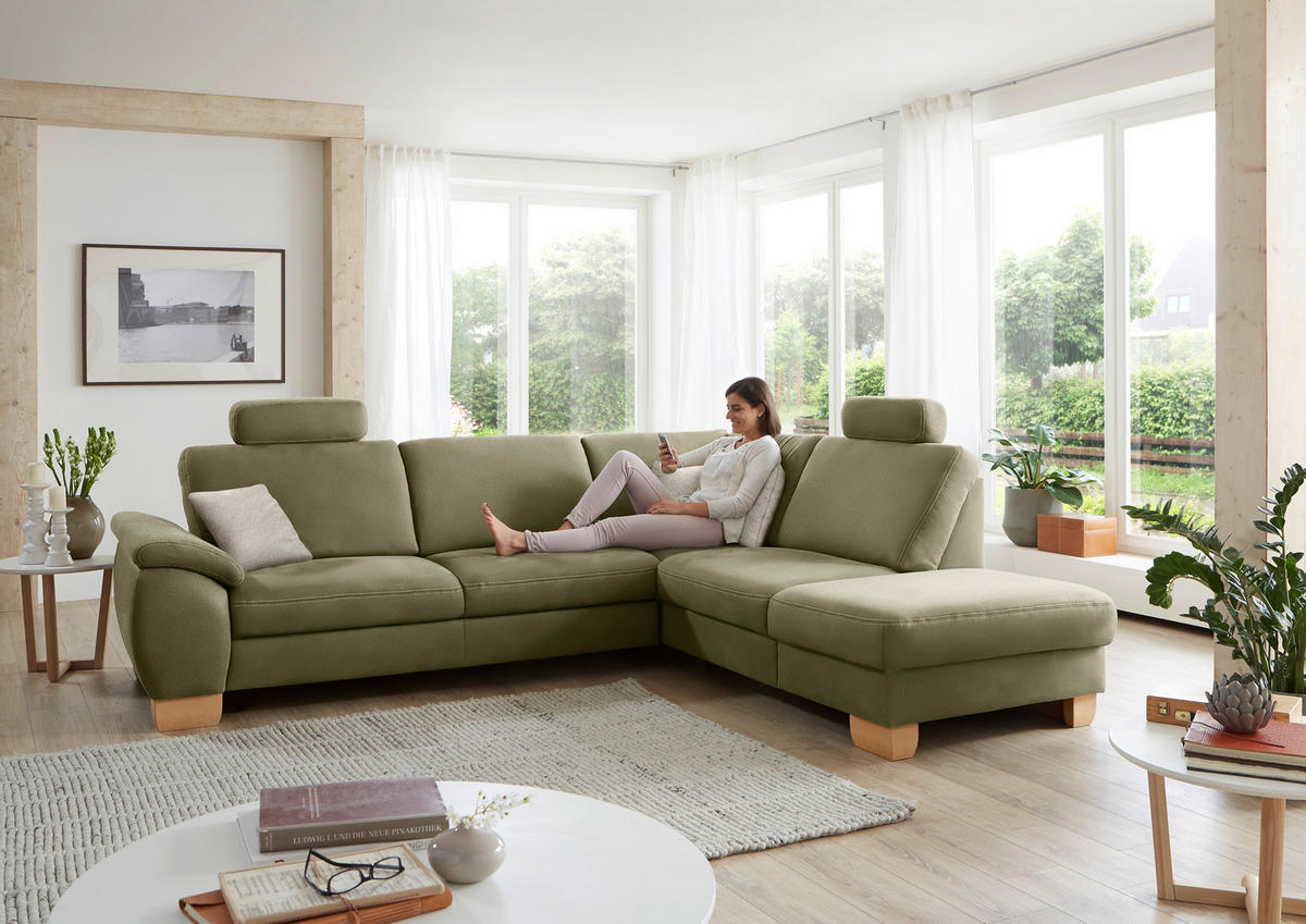 ECKSOFA in Mikrofaser Hellgrün  - Wildeiche/Beige, Natur, Holz/Textil (286/236cm) - Voleo