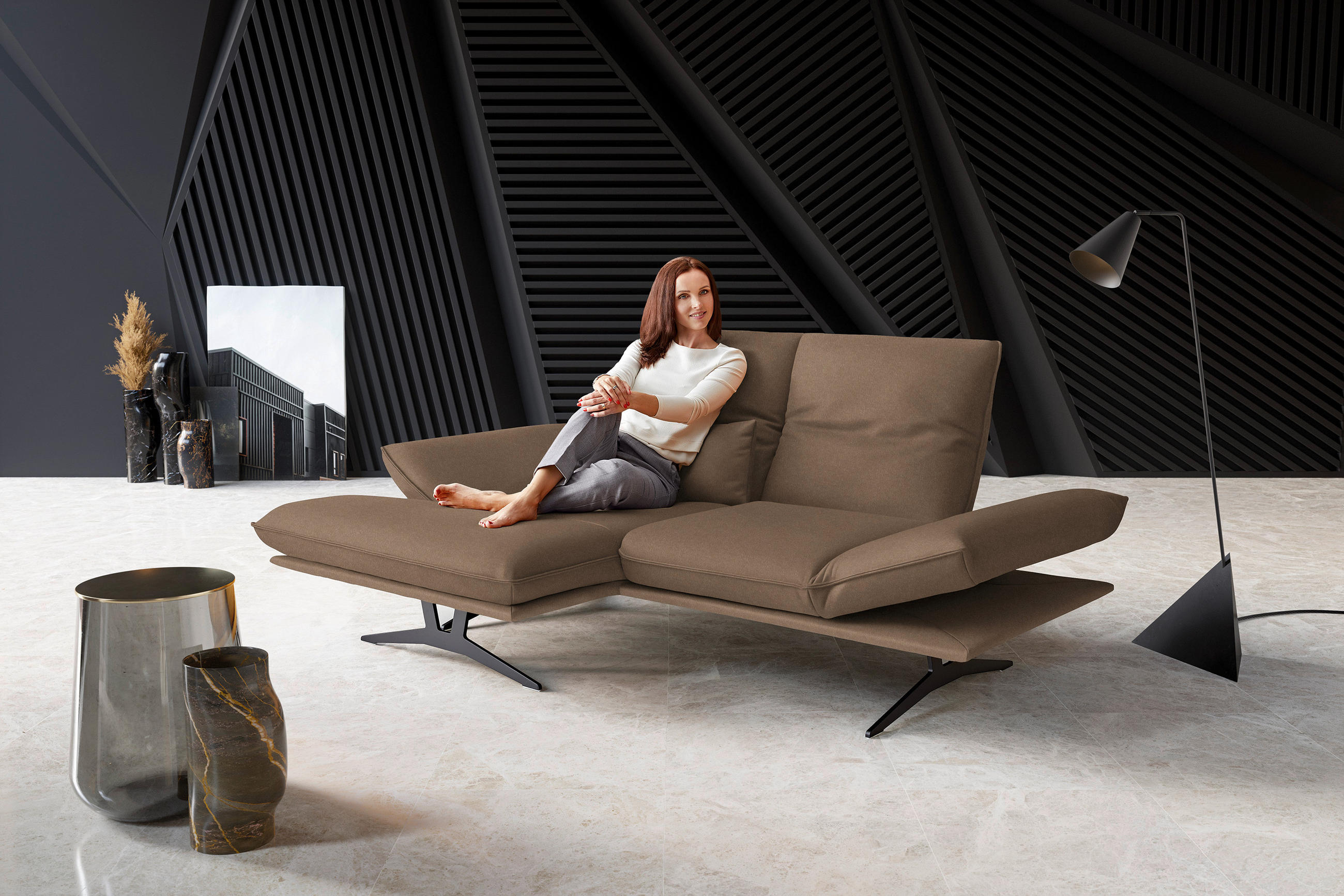 ECKSOFA in Echtleder Greige  - Greige/Gelb, Design, Leder/Metall (130/210cm) - Dieter Knoll