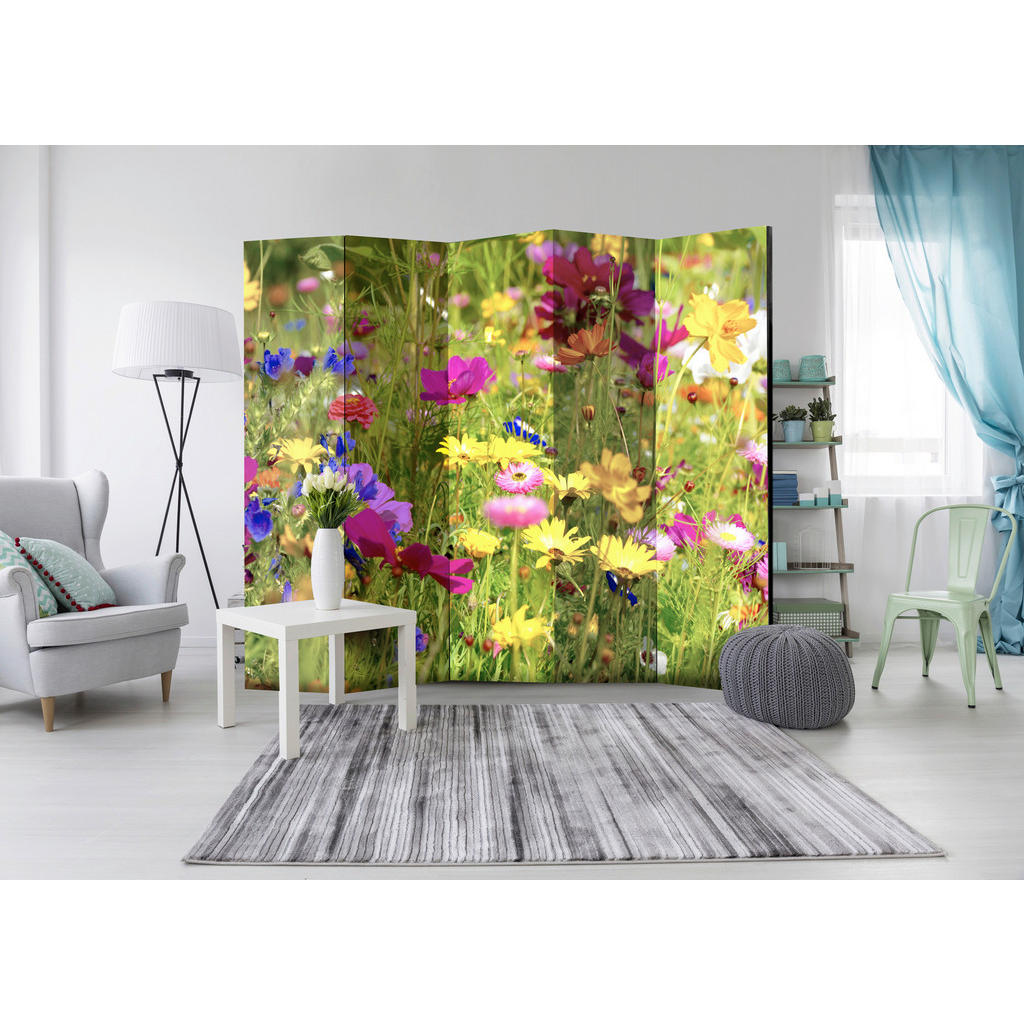 Thumbnail - artgeist Paravent, Mehrfarbig, Holz, Kunststoff, Textil, Kiefer, massiv, Blume, 225x172x3 cm, Motiv auf Vorder- und Rück...