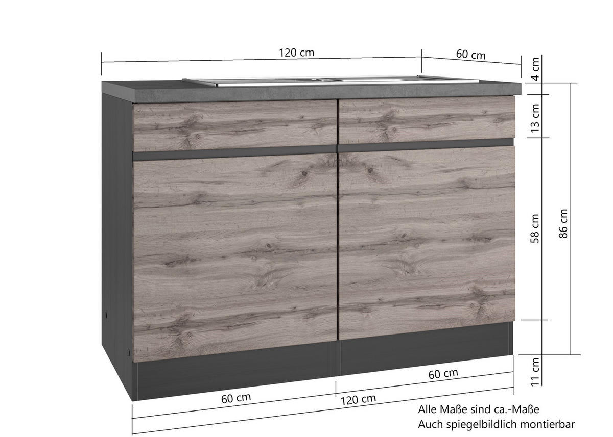 SPÜLENUNTERSCHRANK 120/86/60 cm  in Graphitfarben, Eiche Wotan  - Eiche Wotan/Graphitfarben, Design, Holzwerkstoff (120/86/60cm) - Held