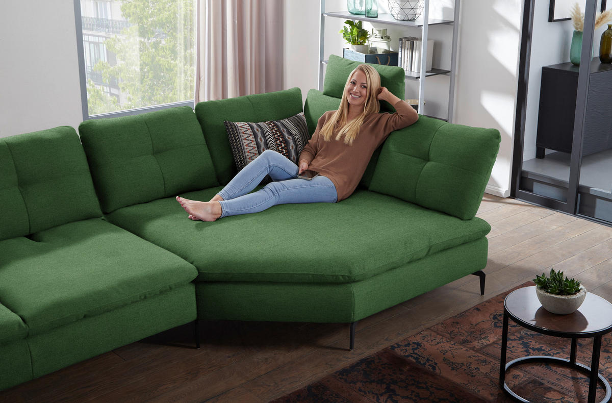 ECKSOFA in Flachgewebe Grün  - Schwarz/Grün, Design, Textil/Metall (344/157cm) - Chilliano