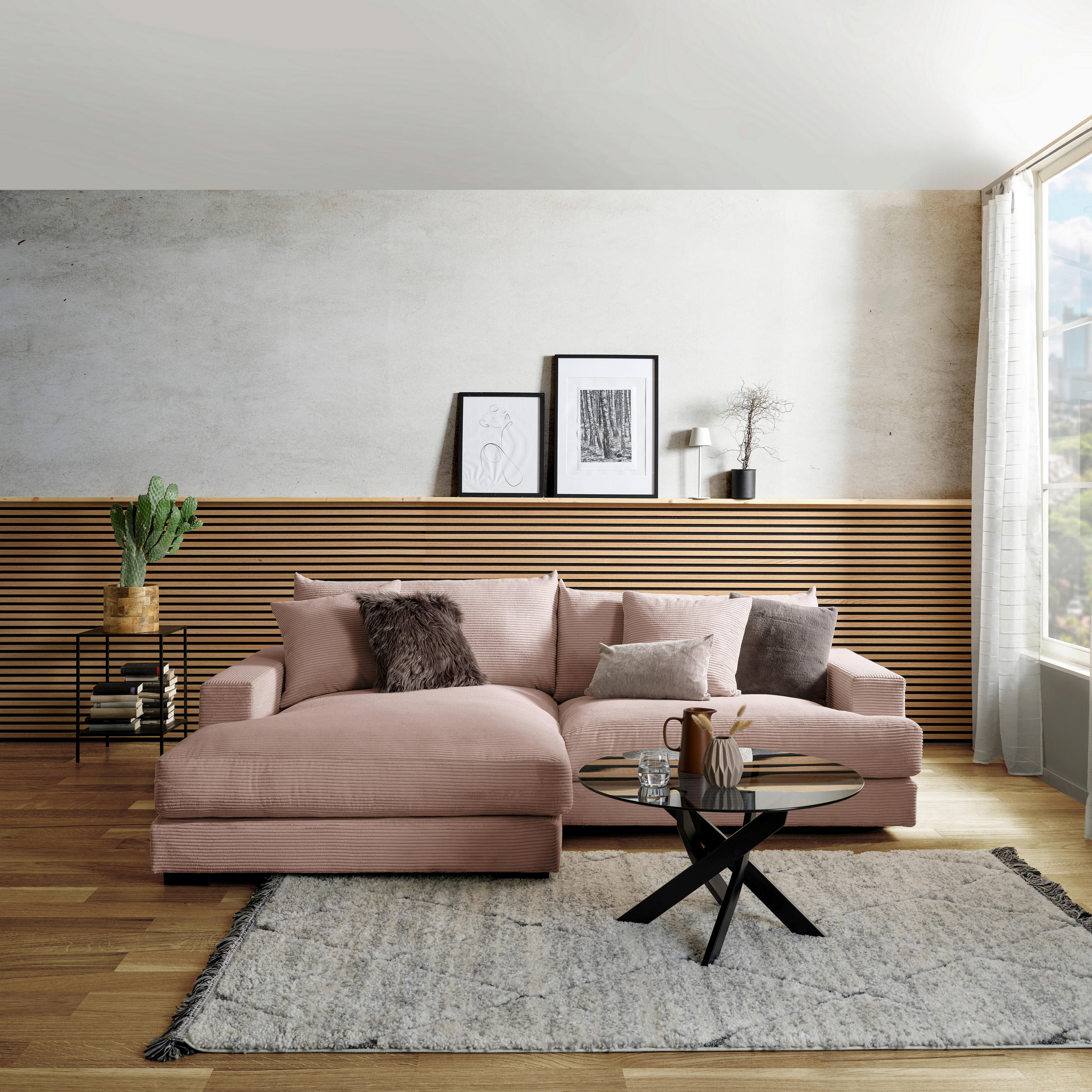 ECKSOFA Rosa Cord  - Schwarz/Rosa, MODERN, Textil (180/265cm) - P & B