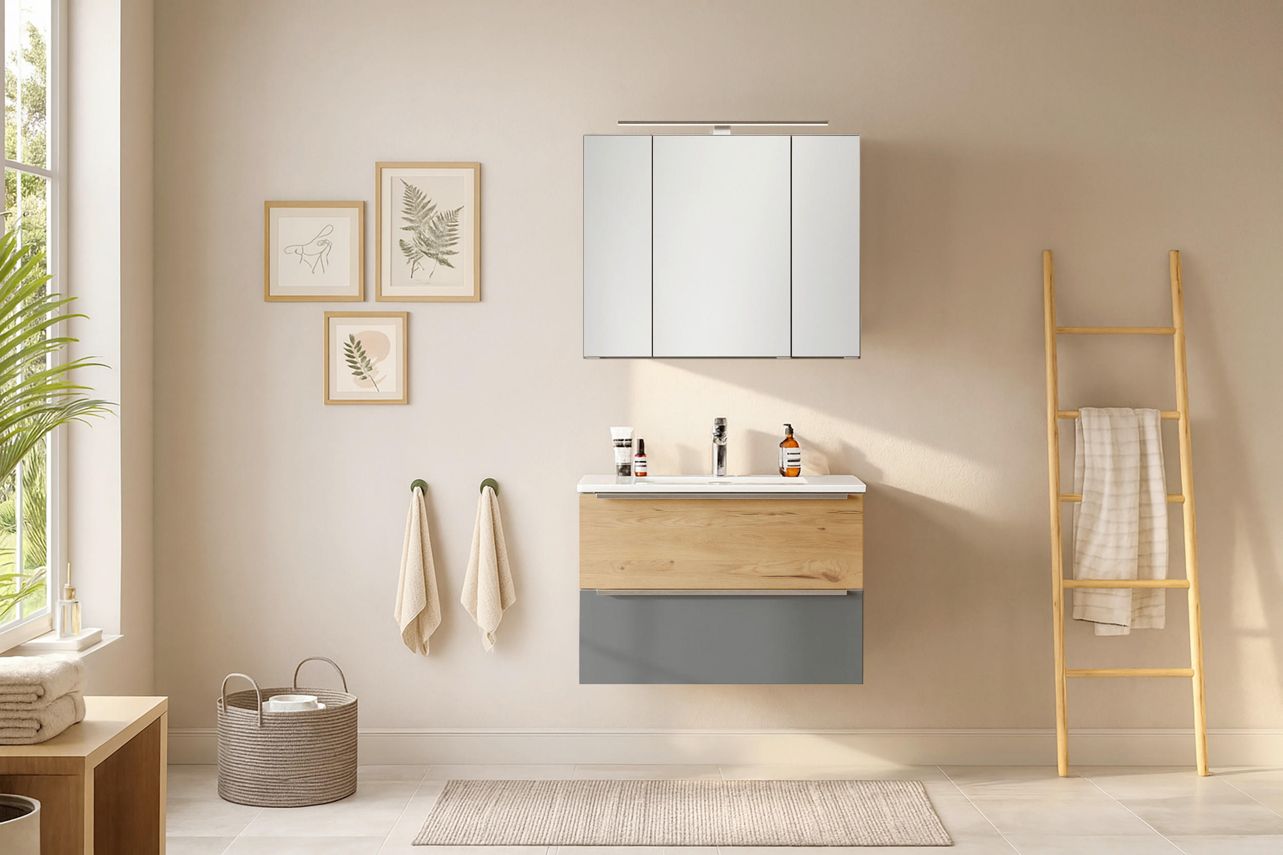 BADEZIMMER 2-teilig  in 80 cm  - Wildeiche/Edelstahlfarben, Trend, Glas/Holzwerkstoff (80cm) - Held