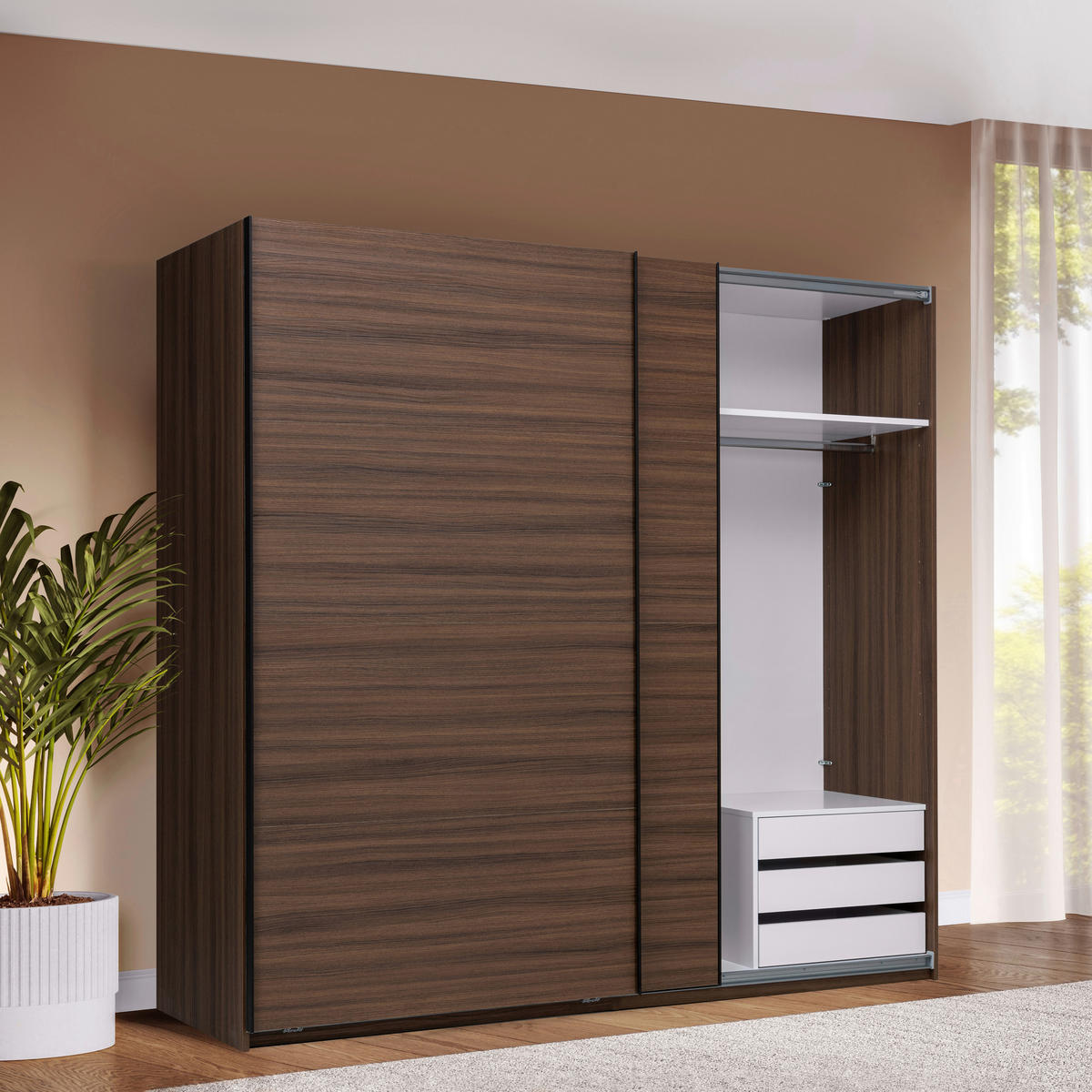 SCHIEBETÜRENSCHRANK 250/211,5/61,5 cm 2-türig Walnussfarben  - Walnussfarben/Schwarz, MODERN, Holzwerkstoff/Metall (250/211,5/61,5cm) - MID.YOU