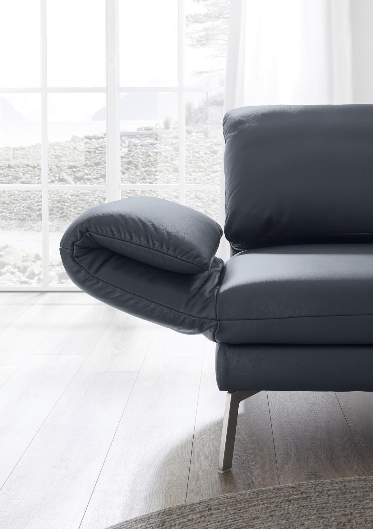 RÉCAMIERE in Echtleder Dunkelblau, Blaugrau  - Chromfarben/Blaugrau, Design, Leder/Metall (209/85-109/95-16cm) - Dieter Knoll