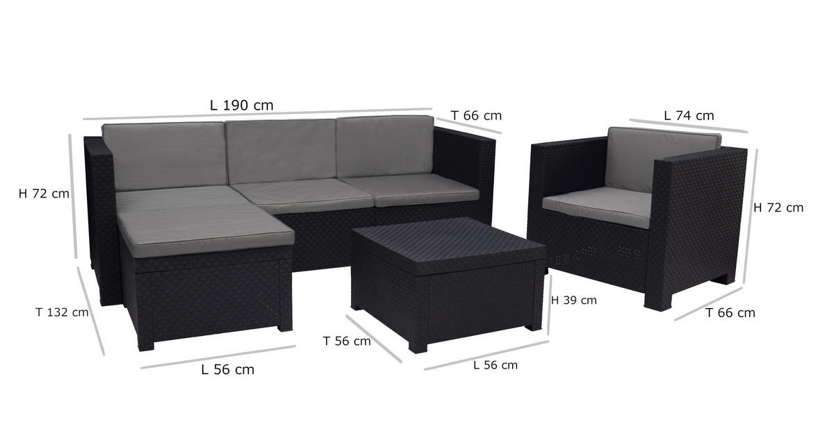 LOUNGEGARNITUR   160/80/60 cm  - Anthrazit, Basics, Kunststoff (160/80/60cm) - Gardenson
