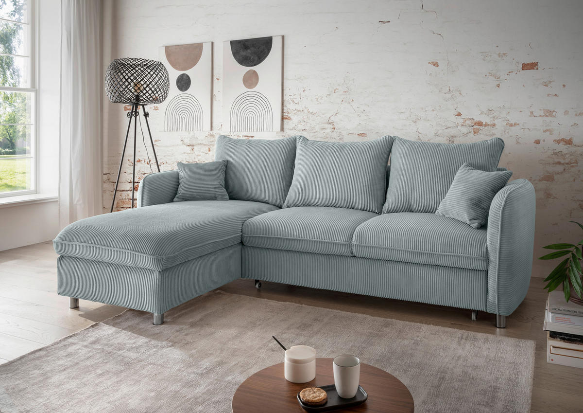 ECKSCHLAFSOFA in Cord Hellblau  - Chromfarben/Hellblau, MODERN, Textil/Metall (254/160cm) - Livetastic