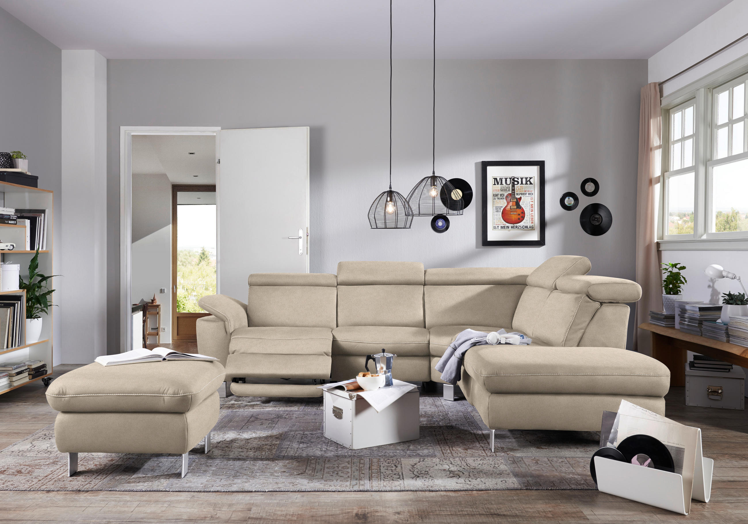 ECKSOFA in Flachgewebe, Mikrofaser Beige  271/239 cm  - Beige/Alufarben, Design, Textil/Metall (271/239cm) - Cantus