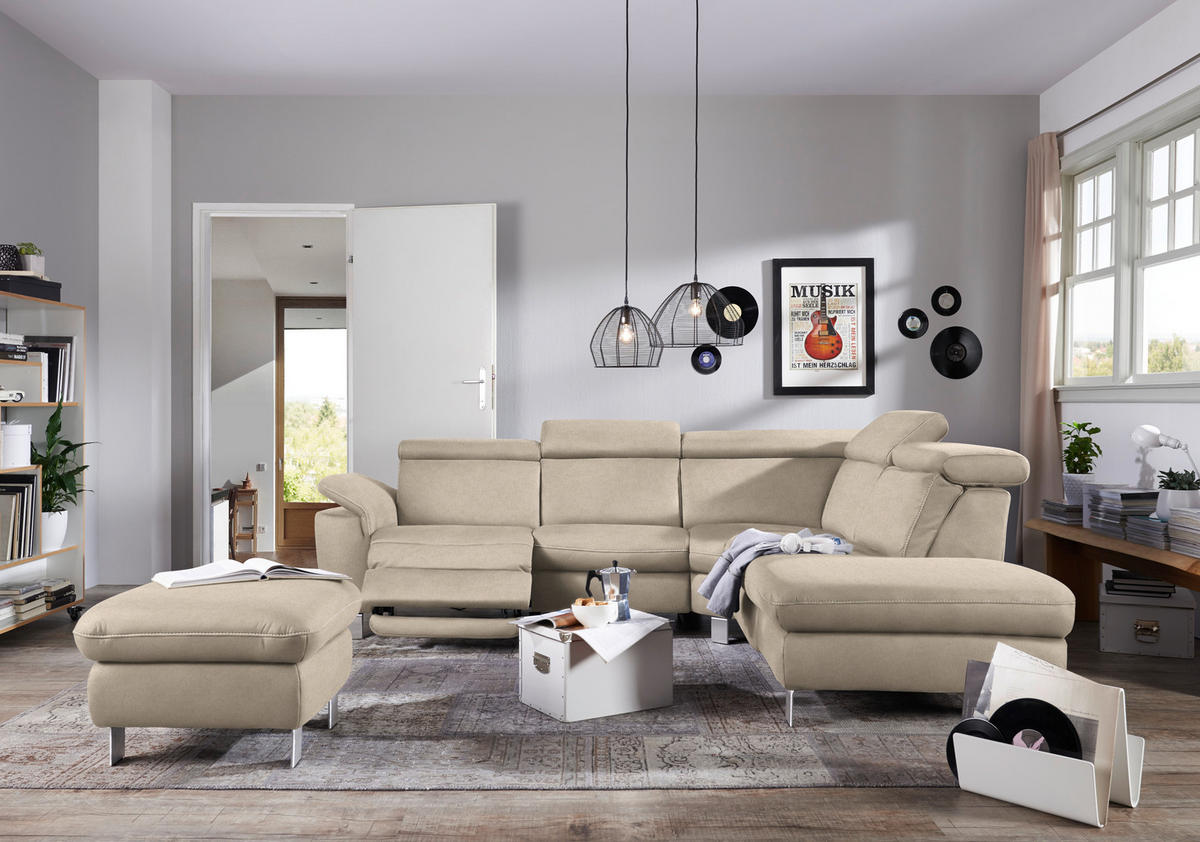 ECKSOFA in Flachgewebe, Mikrofaser Beige  271/239 cm  - Beige/Alufarben, Design, Textil/Metall (271/239cm) - Cantus