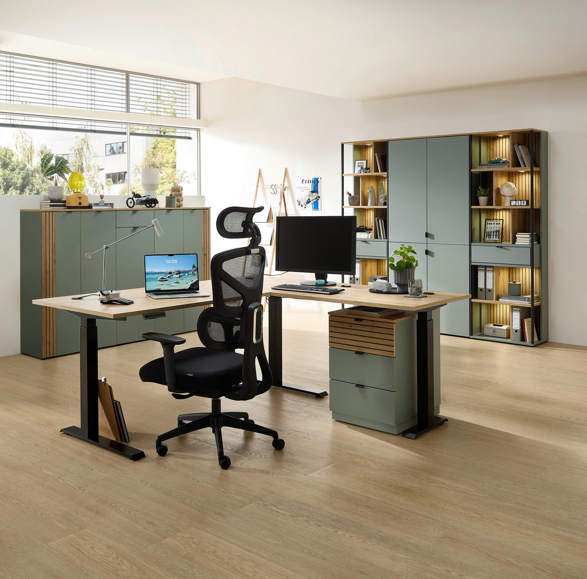SCHREIBTISCH 150/77/73 cm Schwarz, Eiche Artisan, Schilfgrün  - Schilfgrün/Schwarz, KONVENTIONELL, Holzwerkstoff/Metall (150/77/73cm) - Voleo