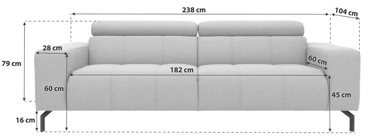3-SITZER-SOFA Webstoff Grau  - Schwarz/Grau, Design, Textil/Metall (238/79/104cm) - MID.YOU