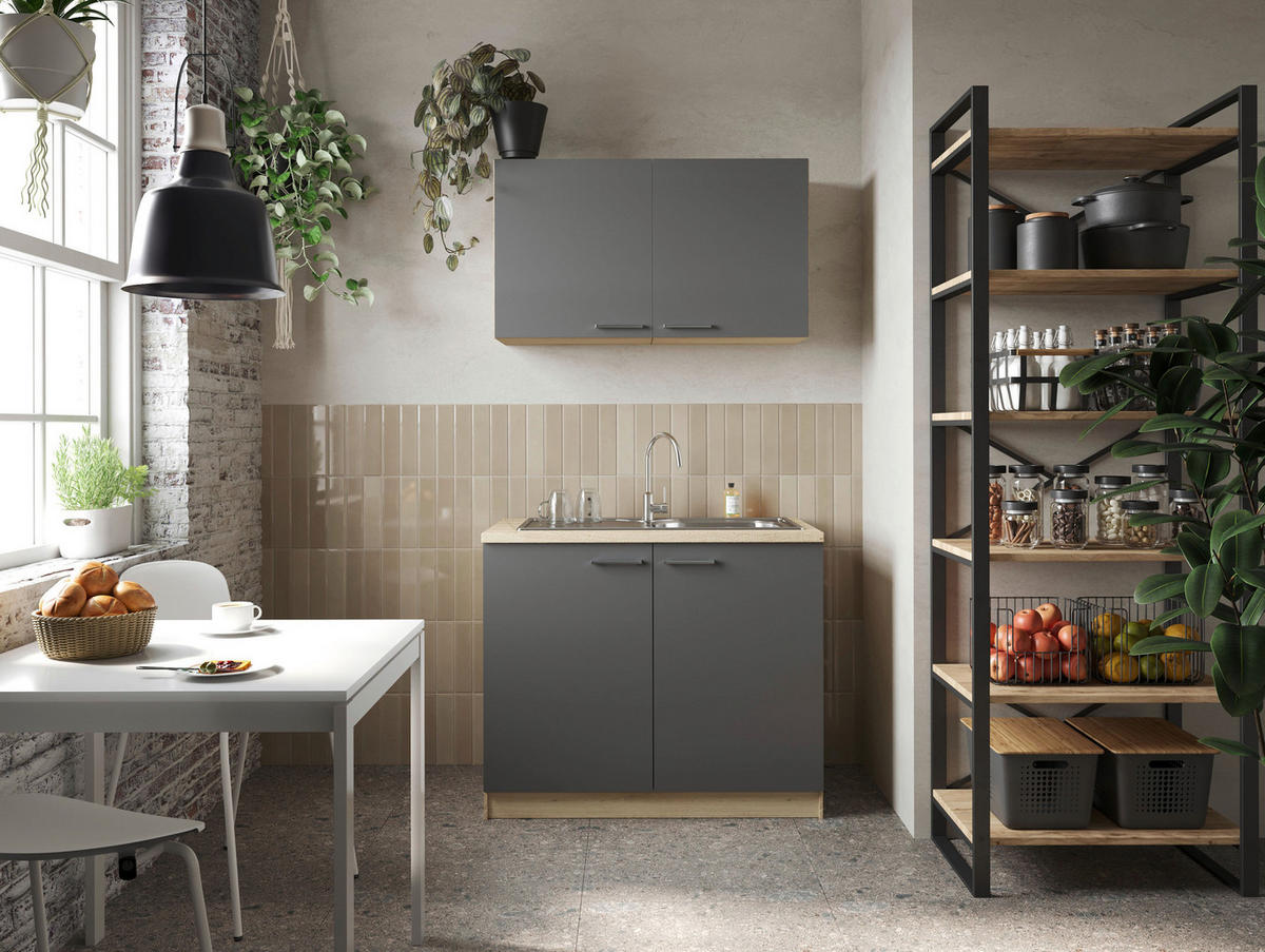 MINIKÖK 100 cm   i ekfärgad, grå  - silver/grå, Basics, metall/trämaterial (100cm) - Respekta