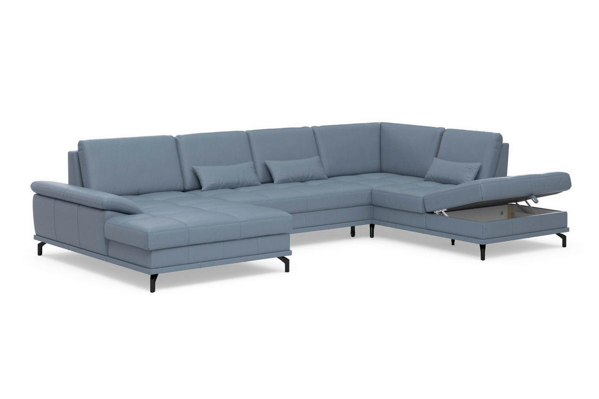 WOHNLANDSCHAFT COSTELLO E Graublau Kombination Echtleder/Stoff Mikrofaser  - Graublau/Schwarz, Basics, Leder/Textil (176/363/223cm) - Sit & More