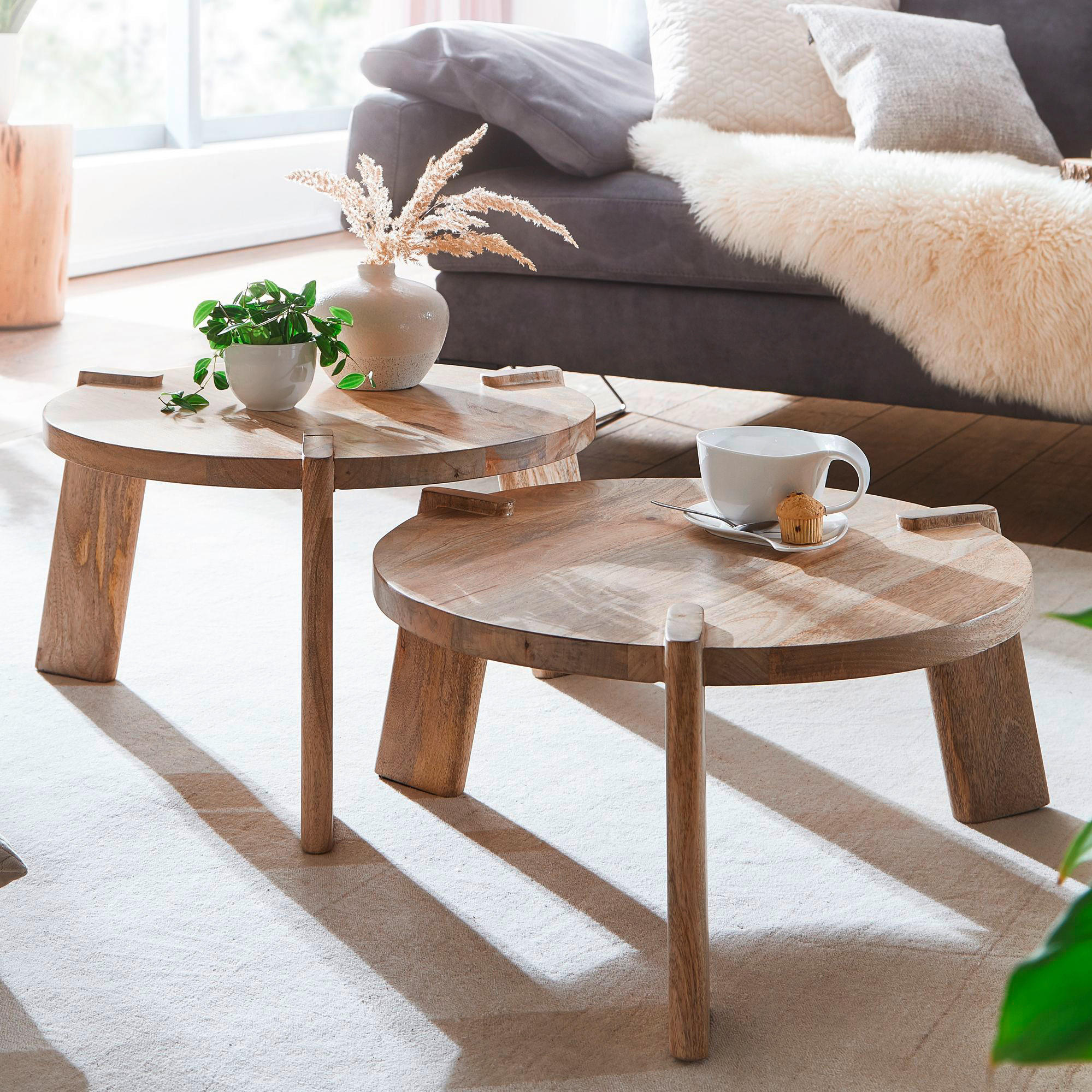 COUCHTISCHSET Mangoholz massiv rund Hellbraun - Hellbraun, MODERN, Holz (53/32/53cm) - MID.YOU