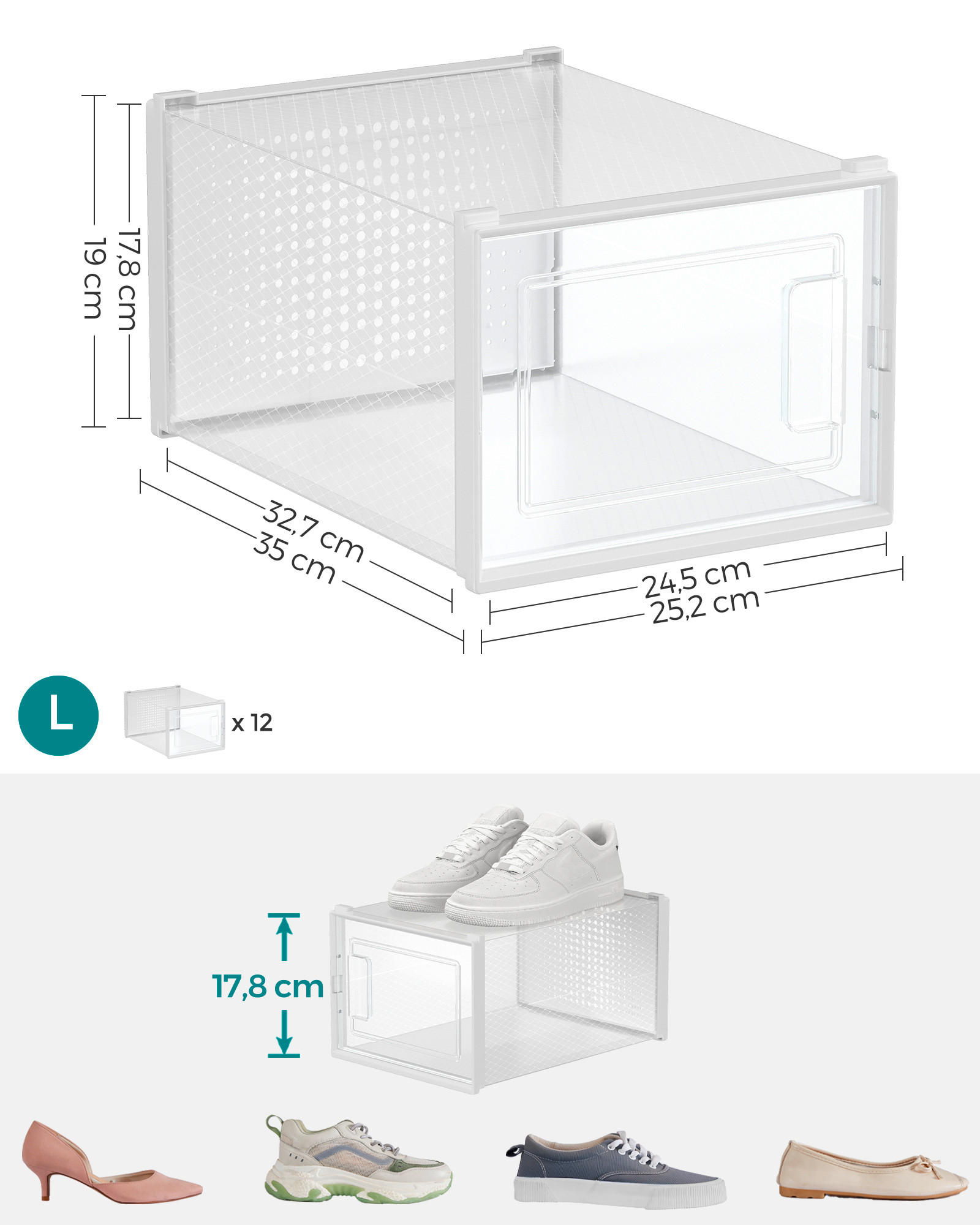 Thumbnail - Boxxx Schuhbox Songmics, Weiß, Transparent, Kunststoff, 18 Fächer, 35x19x25.2 cm, Ordnen & Aufbewahren, Aufbewahrungsbox...